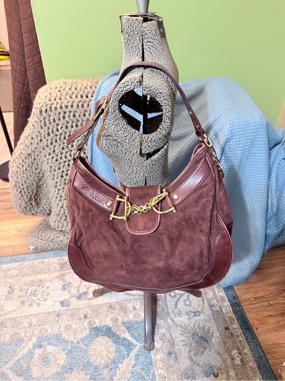 Vintage Tory Burch Brown Suede Hobo Bag with Gold Hdwe